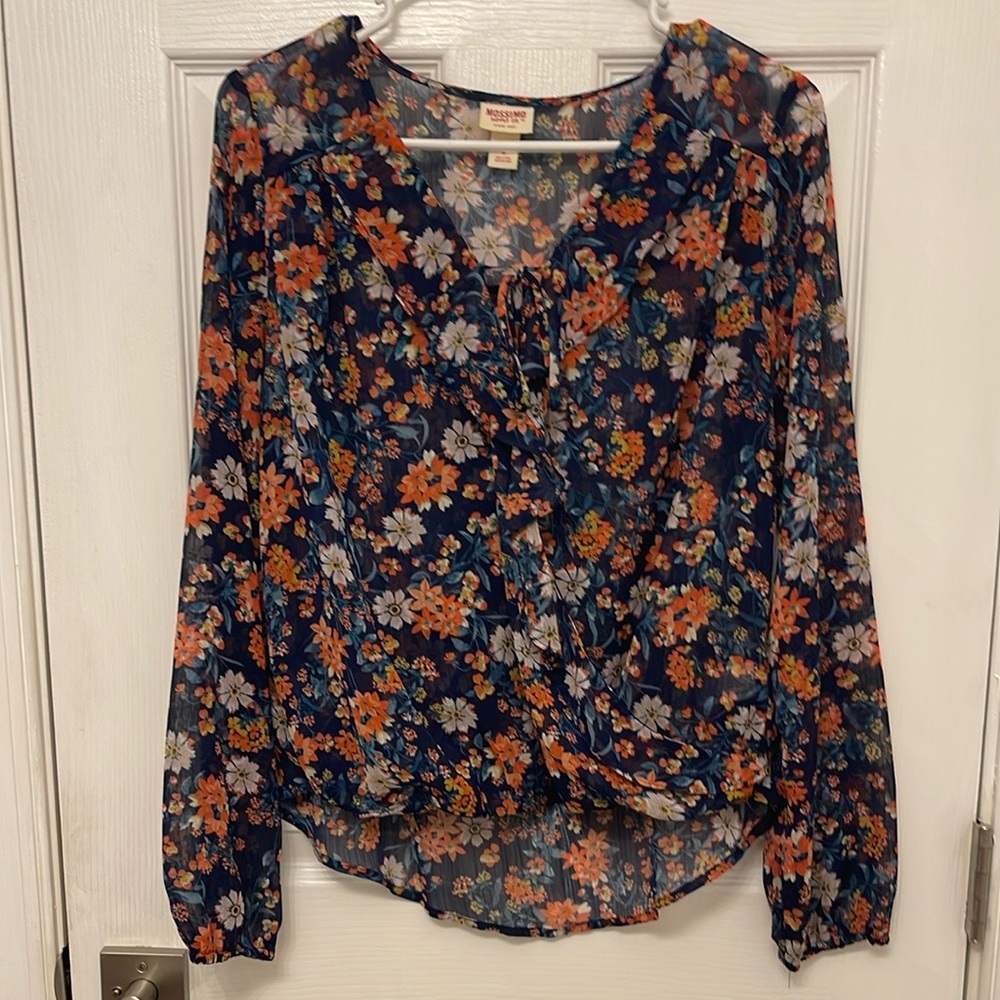 Mossimo Supply Co Blue and Orange Long Sleeve Tie Front Floral Blouse